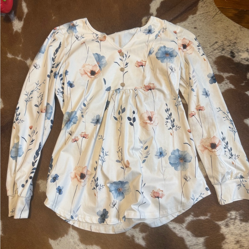 Floral Long-Sleeve Peplum Top in Cream with Blue & Pink Flowers